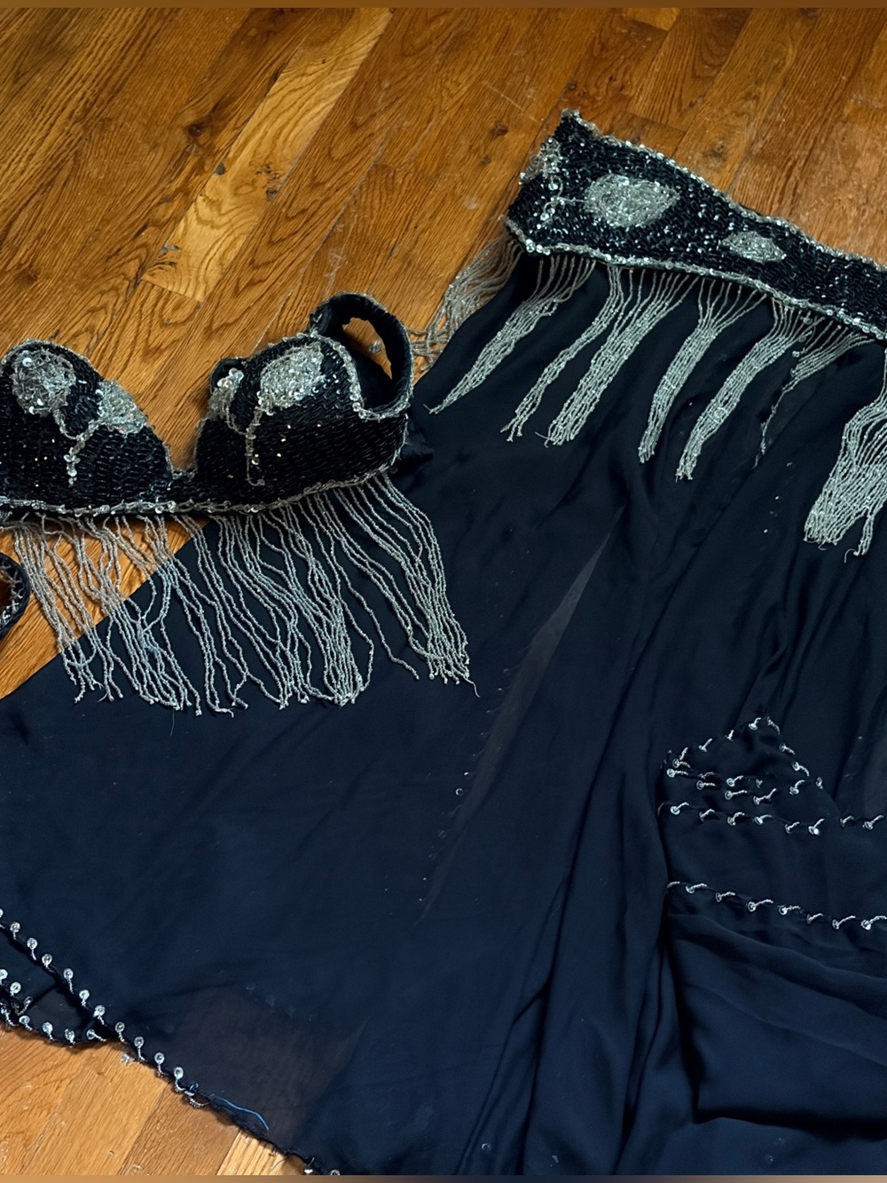 Authentic Black Beaded Fringe Belly Dance Set Size Small / Medium